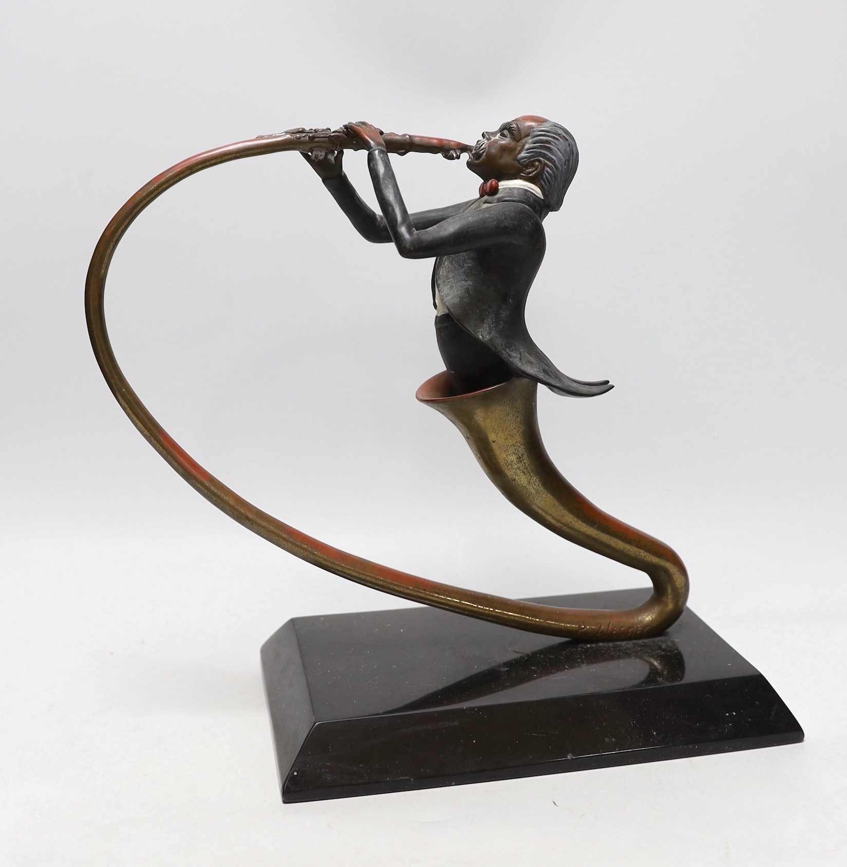 Paul Wegner (b.1950), A cold painted bronze musician, signed P Wegner, 73/250, 31cms high